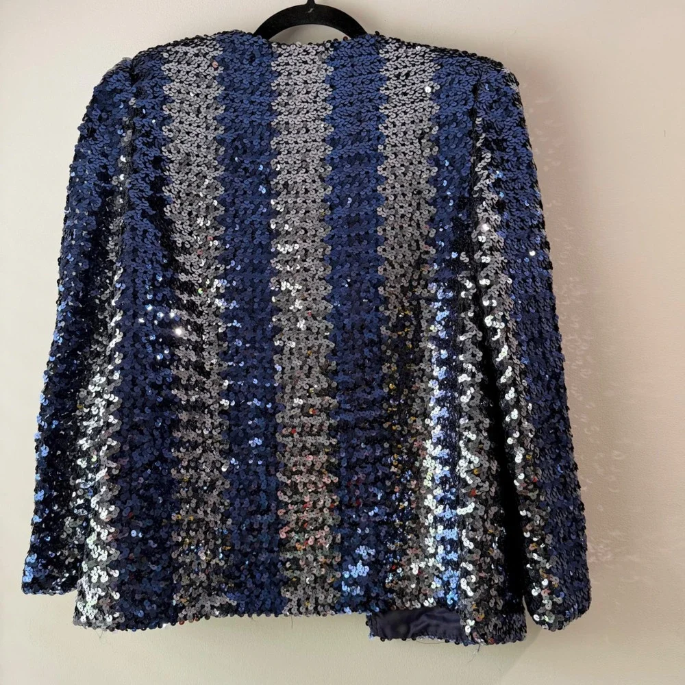 Jo-Ed‎ Sophisticates Sequin Jacket Womens Med Blue Silver Vintage 80s ILGWU USA